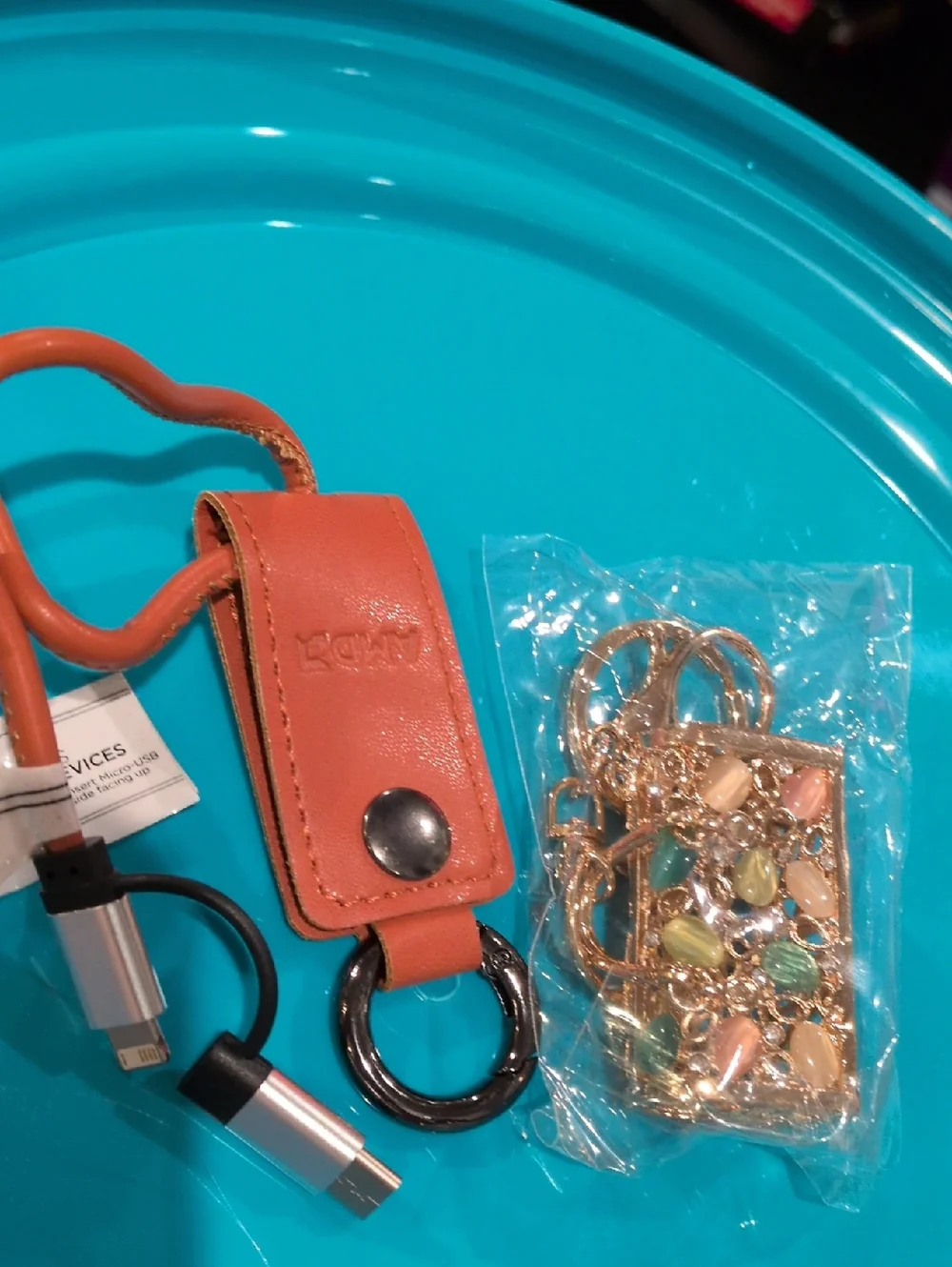 Brown Leather Keychain USB Charging Cable with Key Ring